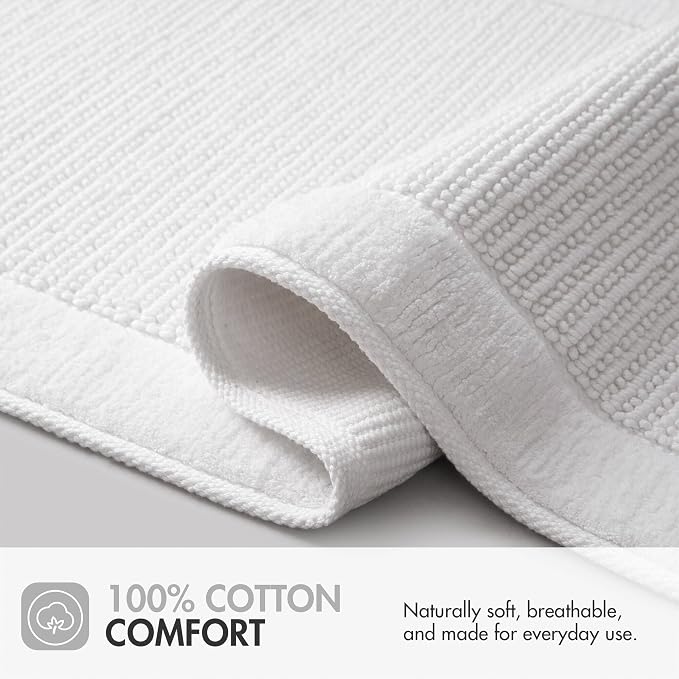 Madison Park Sanctuary 100% Cotton Non-Slip Bath Rug, 20x32 Inch, White | Low-Profile Woven Design, Ultra Soft Absorbent & Machine Washable, Ideal for Bathroom Bedroom and Entryway Decor