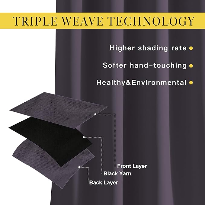 NICETOWN Insulated Curtains Blackout Draperies - Triple Weave Microfiber Home Thermal Insulated Solid Ring Top Blackout Curtains/Panels for Bedroom(Greyish Purple, Set of 2, 52 x 72 Inch)