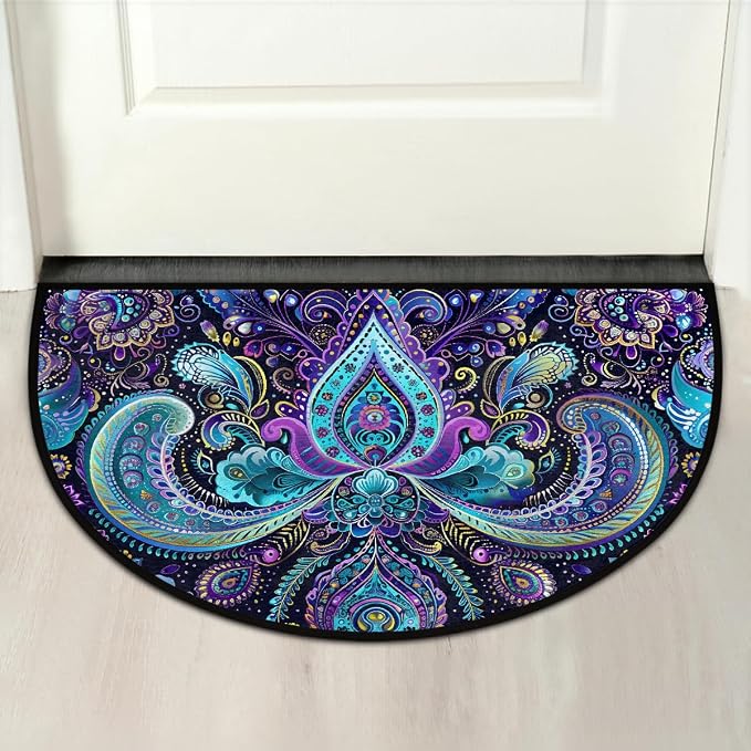 Paisley Half Round Doormat Non-Slip Semi Circle Rug Half Moon Mat | Trippy Blue Abstract Washable Soft Absorbent Indoor Outdoor Entrance Kitchen Bathroom Sink Patio Welcome Fireplace Floor Rug