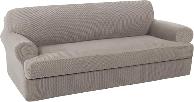H.VERSAILTEX High Stretch Sofa Cover 2 Pieces Couch Covers Stylish Furniture Cover/Protector Soft with Spandex Jacquard Checked Pattern Fabric Suit for T Cushion/Box Cushion (Sofa 72"-88", Taupe)