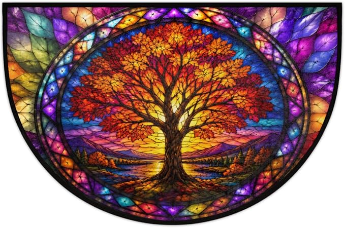 Pardick Tree Half Round Door Mat Welcome Entrance Mat Bath Bathroom Rug A5 | Tree Glass Painting Welcome Entrance Mat Anti-Slip Half Moon Bath Mat Semi Circle Rug Indoor Outdoor Kitchen Rug