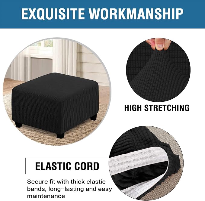 H.VERSAILTEX Square Ottoman Covers Ottoman Slipcovers Folding Storage Stool Furniture Protector Form Fit with Elastic Bottom, Stretch High Spandex Small Checks Jacquard Fabric(Medium,Black)