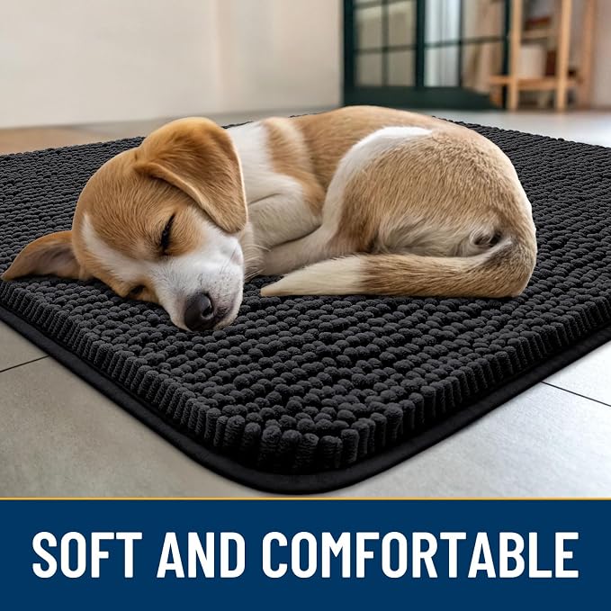 Smiry Dog Door Mat for Muddy Paws 47x32, Absorbent Dirt Trapper, Non-Slip Washable Chenille Entryway Rug for Inside Floor, Black, Classic Solid