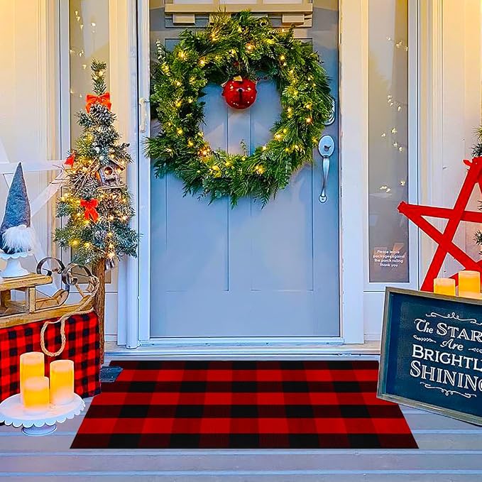 Ckorzen Red Green and White Plaid Rug, 28" x 43" Christmas Front Porch Outdoor Rug, Handwoven Cotton Washable Rug for Layered Door Mats, Holiday Entryway and Home Décor