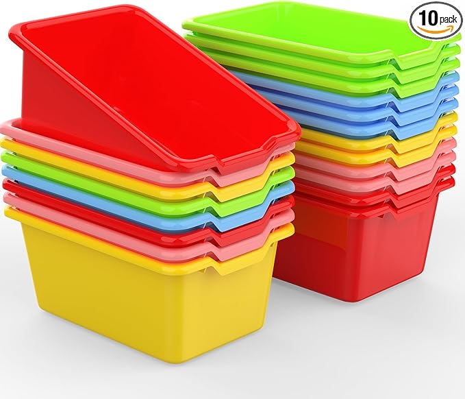 10 Pcs Plastic Book Bins Classroom Small Cubby Bins Stacking Bins Office Kids Storage Container Desk Organizer Basket for Home Nursery Playroom Classroom (10)