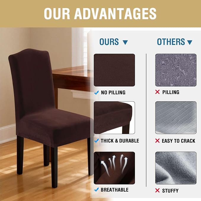 H.VERSAILTEX Velvet Dining Chair Covers Stretch Chair Covers for Dining Room Set of 4 Parson Chair Slipcovers Chair Protectors Covers Dining, Soft Thick Solid Velvet Fabric Washable, Brown