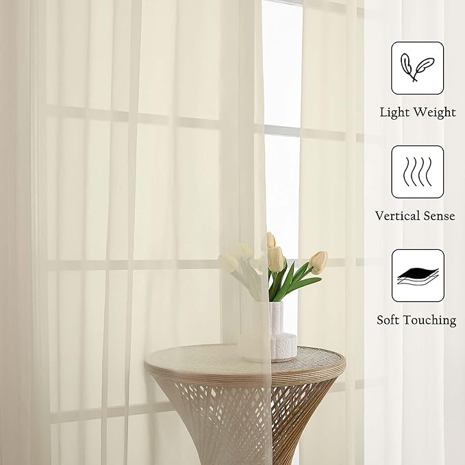 Lecloud Cream Sheer Curtains for Bedroom 90 Inches Long 2 Pcs, Rod Pockets Window Curtains for Living Room Dining Room, Modern Farmhouse Decor Light Filtering Drapes, Each Panel 59" W x 90" L