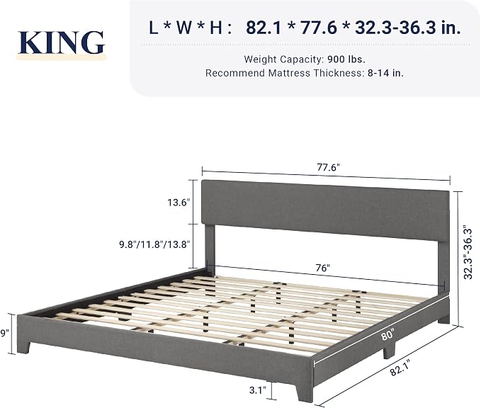 Allewie King Size Upholstered Bed Frame Adjustable Headboard, Dark Grey | Platform Bed with Heavy Duty Mattress Foundation, Noise-Free, Easy Assembly, Wood Slat Support, No Box Spring Needed