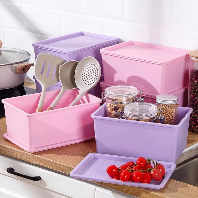 Menkxi 6 Pcs Storage Bins with Lids Small Plastic Storage Containers Stackable Storing Baskets Box Cute Organizer Bins for Organizing Shelves (Pink,Purple,Orange)