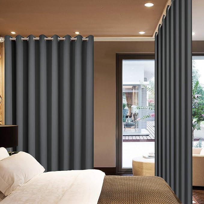 Yakamok Extra Wide Blackout Curtain for Sliding Glass Door, Grommet Thermal Insulated Room Divider Curtain 100W x 84L inch, Room Darkening Patio Curtain,8.3ft Wide x 7ft Tall, 1 Panel,Dark Grey
