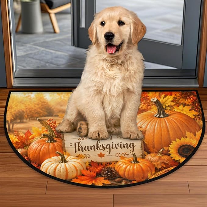 Thanksgiving Half Round Door Mat Welcome Entrance Mat Bath Bathroom Rug B8 | Autumn Pumpkin Thanksgiving Welcome Entrance Mat Anti-Slip Half Moon Bath Mat Semi Circle Rug Indoor Outdoor Kitchen Rug