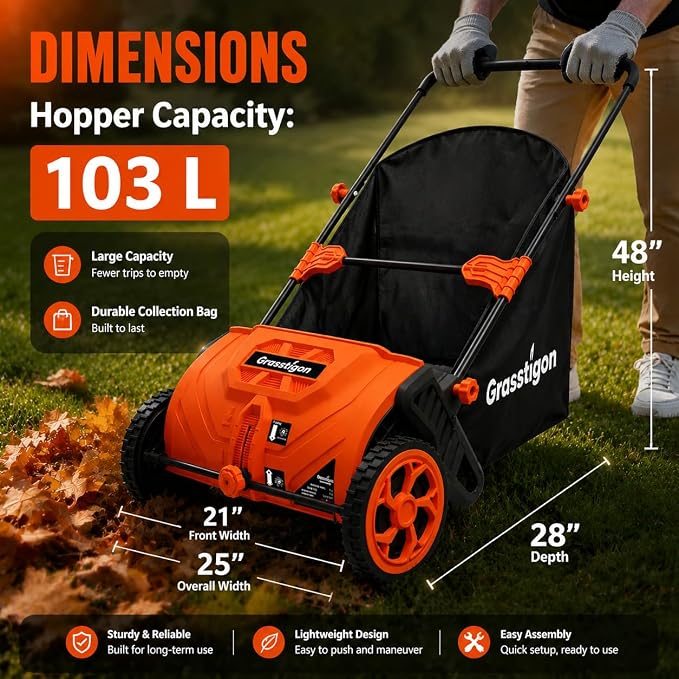 Grasstigon 21-Inch Manual Push Lawn Sweeper, Leaf Collector for Grass Clippings, Leaves & Debris, Leaf Picker Upper with Large 3.64 ft³ Hopper, Durable Wheels, Orange & Black