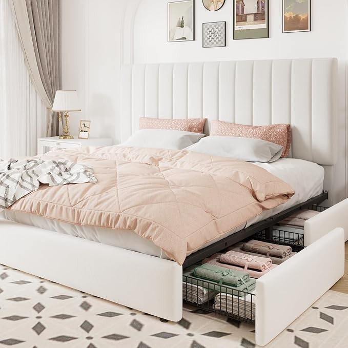 Allewie King Size Storage Bed Frame, Vertical Channel Tufted Adjustable Headboard, Velvet Upholstered Platform Bed with 4 Oversized Underbed Drawers, Wooden Slats Support, No Box Spring Needed, White