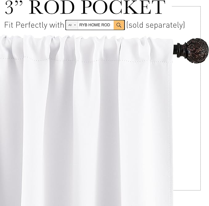 RYB HOME Half Curtain Tiers 36 inch Length, Rod Pocket Summer Heat Blocking Thermal Insulated Short Curtains for Small Window, Width 34 by Length 36, Pure White, 2 Panels