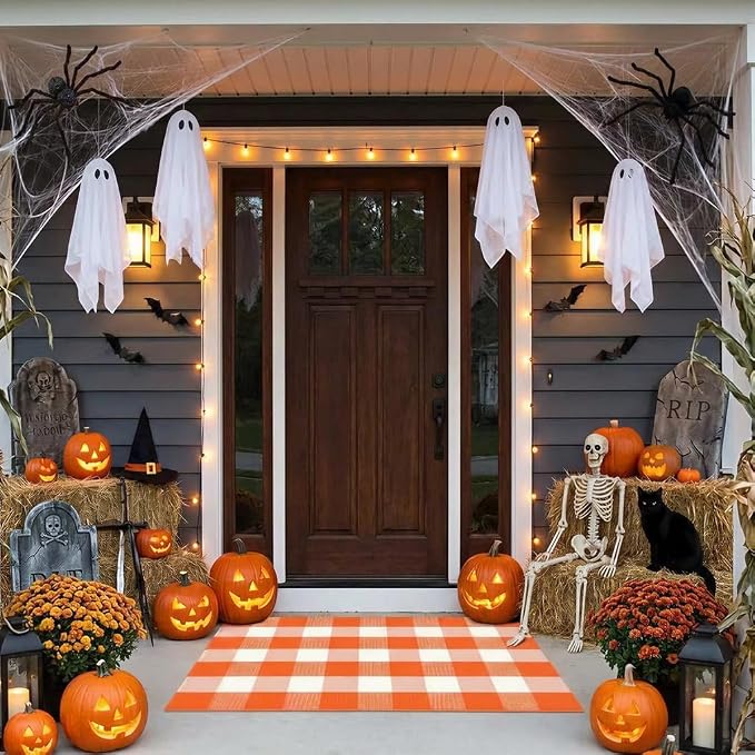 Buffalo Plaid Rug 2'4''x 3'7'' Orange and White Front Door Mat Reversible Halloween Doormat Layered Porch Rug Washable Hand Woven Cotton Area Rug for Indoor Outdoor Entryway Patio Porch Decor