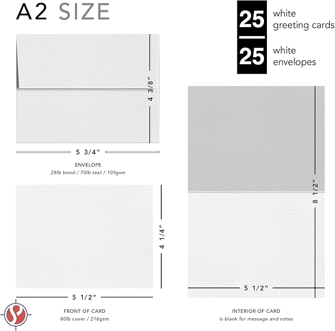Linen Textured Greeting Cards – 4.25" x 5.5" Blank White Cardstock & Envelopes – Custom and DIY Cards for Business, Holidays, Baby Showers, Birthdays, Wedding Invitations, All Occasion – 25 per Pack