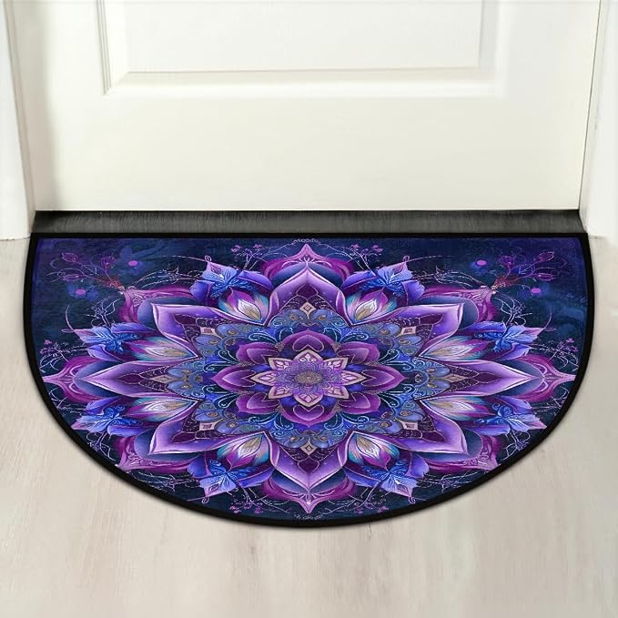 Mandala Half Round Doormat Non-Slip Semi Circle Rug Half Moon Mat | Ethnic Purple Flower Washable Soft Absorbent Indoor Outdoor Entrance Kitchen Bathroom Sink Patio Welcome Fireplace Floor Rug