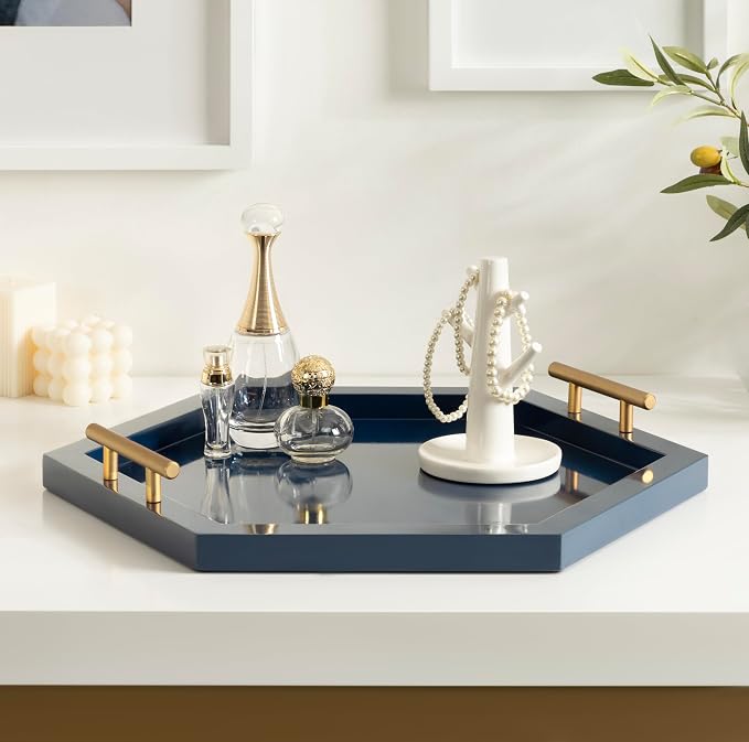Kate and Laurel Halsey Decorative Hexagon Tray with Gold Metal Handles; 18 x 16; Navy Blue and Gold; Modern Glam Serving Tray with Handles for Living Room Decor
