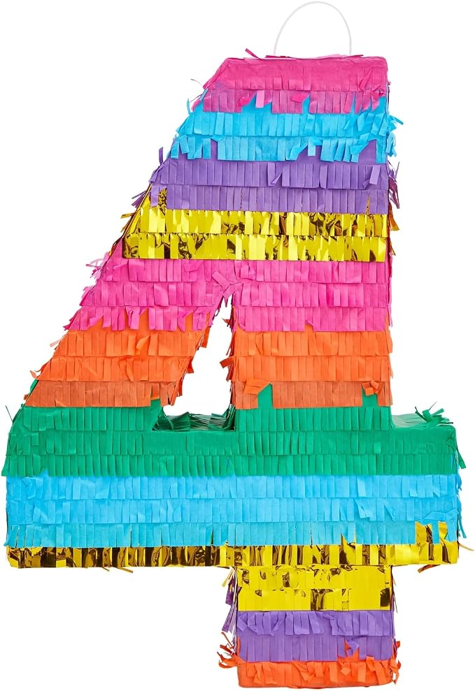 BLUE PANDA Number 4 Pinata - Vibrant Rainbow 4th Birthday Party Decorations | Multicolored Tissue Paper Fiesta Party Supplies | Large 12 x 17 x 3 Inches