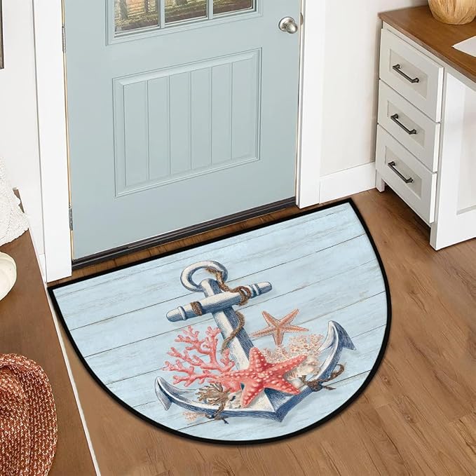 Pardick Half Round Door Mat Woodanchor Starfish Anti-Slip Semi Circle Rug 24X36 Indoor Door Mat Half Moon Bath Mats, Washable Decorative Welcome Floor Mats for Kitchen Bathroom Hearth Fireplace,Q-3