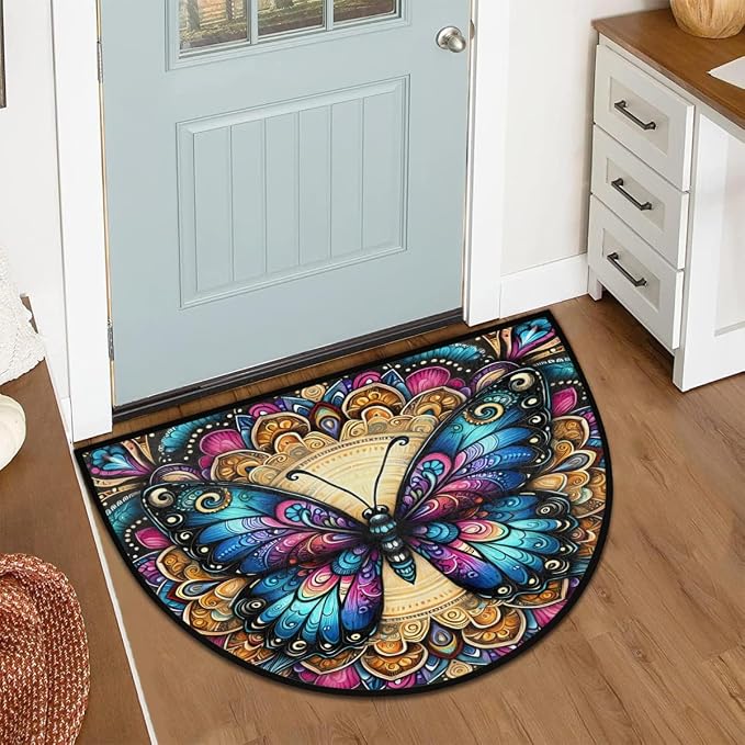 Pardick Half Round Doormat Butterfly Boho Colorful Semi Circle Rug Non Slip Indoor Outdoor Entrance Half Moon Rug Washable Front Floor Mat for Kitchen Bathroom Patio Fireplace Holiday Decor