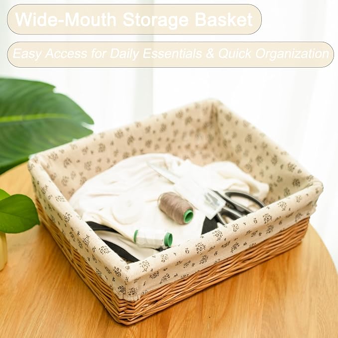 Storage basket,Woven handmade baskets for storage with liners,Rectangle storage bins for shelves,Closet,Organizing (Wicker)