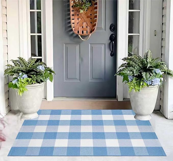Buffalo Plaid Outdoor Rug 27.5''X 43.3' Light Blue White Checked Porch Rug Cotton Woven Washable Rug Layering Doormat for Welcome Door Mat Entryway Dining Room Bedroom Living Room