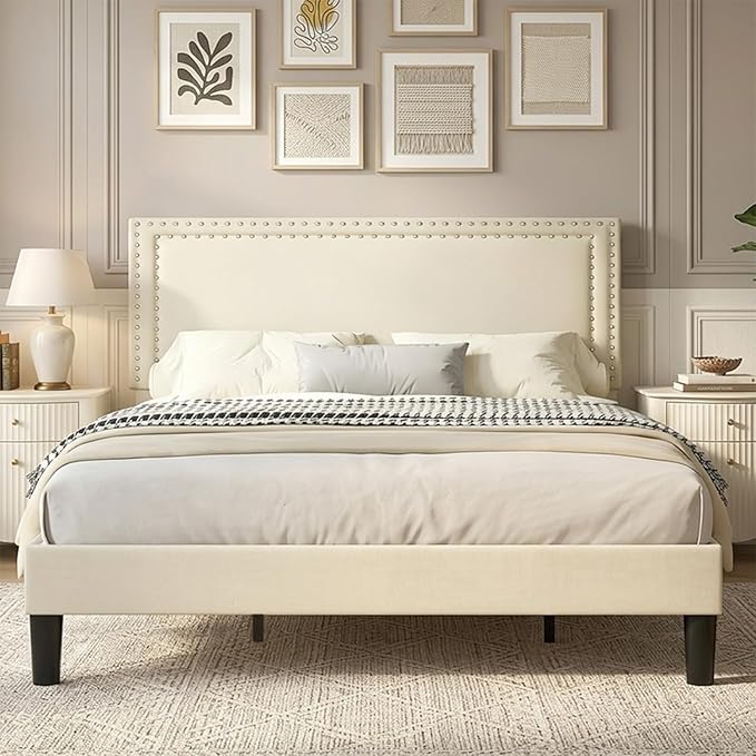 VECELO King Bed Frame with Rivet-Tufted Headboard & Footboard, Upholstered Platform Bed with Wood Slats Support, No Box Spring Needed, Noise-Free, Easy Assembly, Beige