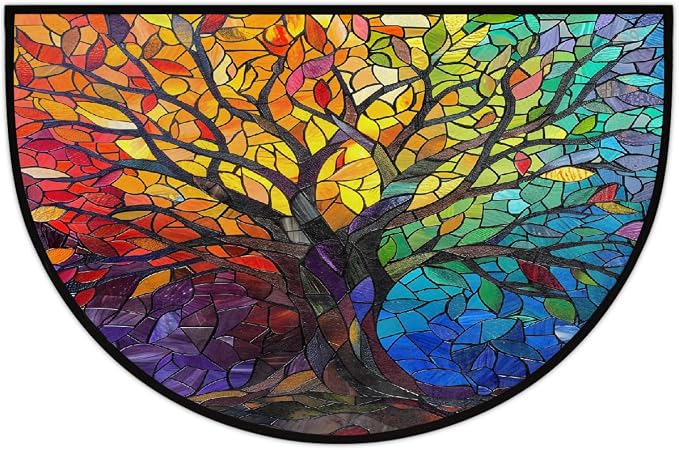 Tree of Life Half Round Door Mat Non Slip Half Circle Rugs | Rainbow Glass Washable Half Moon Rug Semi Circle Rugs Indoor Entrance Floor Carpet for Kithen Bedroom Fireplace Decor