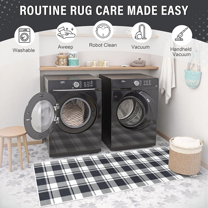 AROGAN Checkered Jute Runner Rug for Hallway, 2x8 Kitchen Runner Washable Rugs Carpet, Long Farmhouse Design Geometric Rugs for Entryway Indoor Laundry Welcome Mat 8 Ft Entry, Black and White