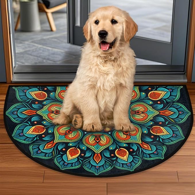 Flowers Mandala Half Round Door Mat Non Slip Half Circle Rugs | Green Ethnic Washable Half Moon Rug Semi Circle Rugs Indoor Entrance Floor Carpet for Kithen Bedroom Fireplace Decor