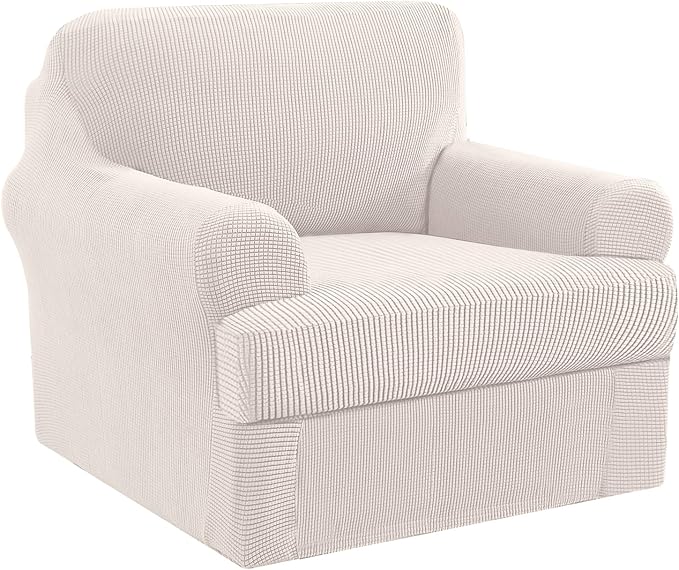 H.VERSAILTEX Stretch Armchair Slipcover 2 Piece T Cushion Chair Covers for Living Room Furniture Cover Suit for Box Cushion, Spandex Jacquard Fabric Small Checks(Armchair-Oversized, Ivory)