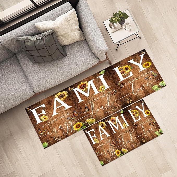 GUBIYU Kitchen Rug Set of 2, Rustic Brown Wood Grain Sunflower Living Room Rugs Anti Fatigue Kitchen Mats Non Skid Waterproof Kitchen Rugs Farmhouse Comfort Standing Kitchen Mats for Floor Home Office