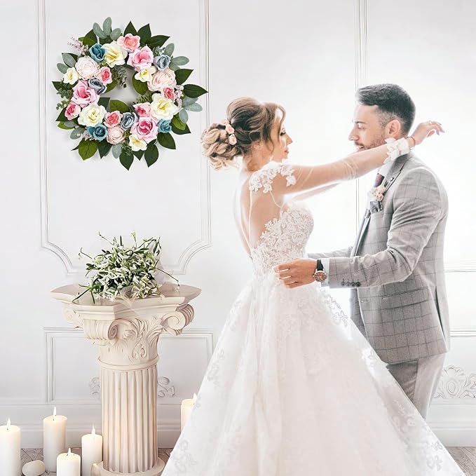Garvee 20 Inch Spring Wreaths for Front Door, Artificial Pink Rose Wreath | with Colorful Florals and Eucalyptus Foliage, for Home Wall Window Wedding Party Indoor Outdoor Decor