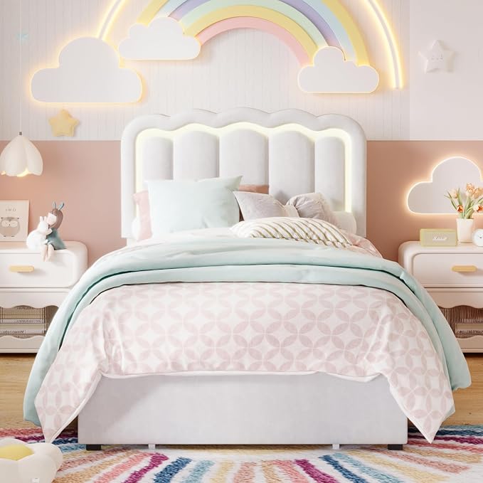 SHA CERLIN Twin Size Bed Frame with LED Lights and Storage Drawer, White | Upholstered Velvet Platform Bed with Adjuatable Wavy Headboard, Noise-Free, Easy Assembly,No Box Spring Needed