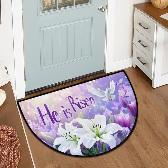 Easter White Lily He is Risen Half Round Door Mat Indoor Entrance Half Circle Area Rug Semi Circular Door Mat Half Moon Rug for Floor Bathroom Living Room Bedroom Kitchen Fireplace 24"x36",A-02