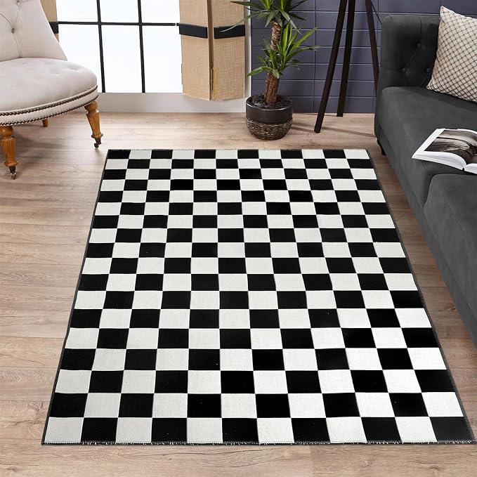 Seavish Washable 4x6 Ft Black and White Checkered Outdoor Porch Rug | Cotton Woven Checkerboard Rug, Low Pile Foldable Floor Cover Indoor Carpet for Living Room Bedroom Dining Room Patio