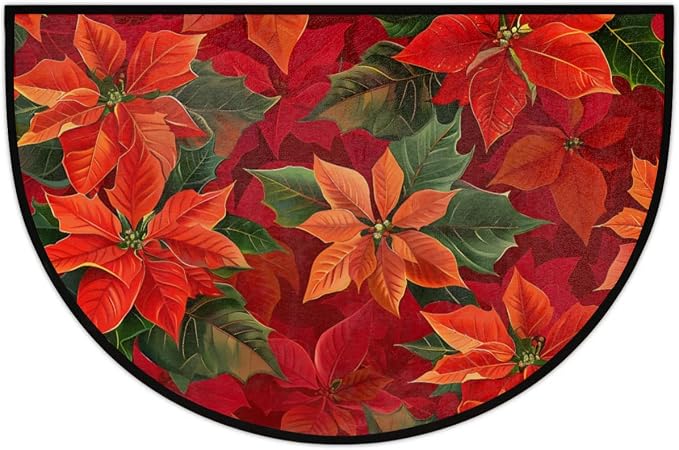 Christmas Doormat, Christmas Poinsettia Non-Slip Half Round Door Mat 24x36 Welcome Mats for Front Door, Area Rug Decorative Floor Mat for Indoor Outdoor Kitchen Entryway Low Profile
