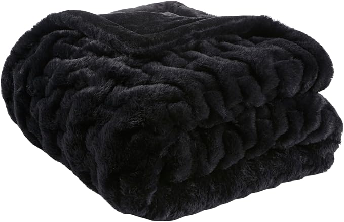 Madison Park Ruched Fur Throw Faux Fur Blanket for Sofa, 50" x 60", Black | Luxury, Premium, Soft Cozy Brushed Long Pile, All Season Plush Modern OEKO- TEX Certification Warm For Bed, Couch or Sofa