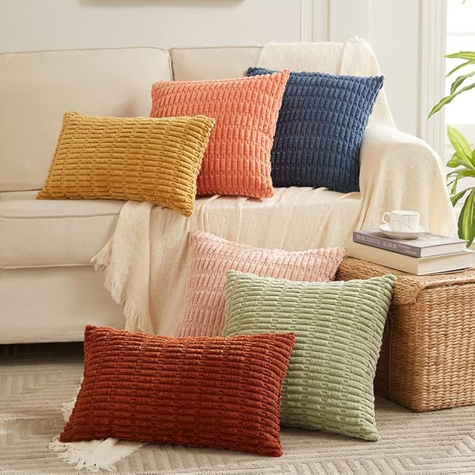 Fancy Homi 4 Packs Rust Decorative Throw Pillow Covers 16x16 Inch for Living Room Couch Bed Sofa, Terracotta Rustic Farmhouse Boho Home Decor, Soft Plush Striped Corduroy Square Cushion Case 40x40 cm