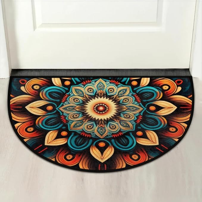 Bohemian Flower Half Round Door Mat, Non-Slip Entrance Welcome Mat for Indoor Semi Circle Bathroom Floor Rugs Outdoor Mats House Entry Way Heavy Duty Doormat for Kitchen Living Room 36x24 Inch
