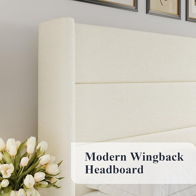 Allewie Queen Size Chenille Lift Up Hydraulic Storage Bed Frame Cream White | Chenille Fabric Upholstered, Modern Wingback Headboard, Hydraulic Support Storage, No Box Spring Needed