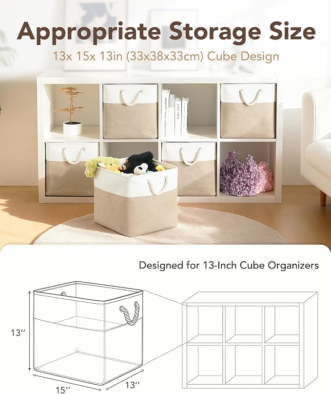 13x15x13 Inch Large Storage Bins with Cotton Rope Handles 6-Pack | Foldable, Top support of metal frame, Bottom with Cardboard Support, Fabric Cube Storage Bins for Closet, White Khaki