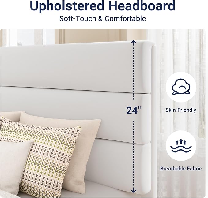 Allewie Twin Size Platform Bed Frame with Velvet Upholstered Headboard | Wooden Slats Support, Fully Upholstered Mattress Foundation, No Box Spring Needed, Easy Assembly, Noise-Free, White