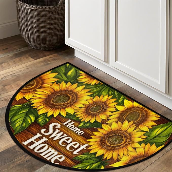 Flowers Sunflowers Half Round Rug Half Moon Door Mat Half Circle Rugs | Autumn Fall Washable Non-Slip Semi Circle Rug Welcome Half Round Door Mat Indoor Entrance Kitchen Bedroom Living Room Decor