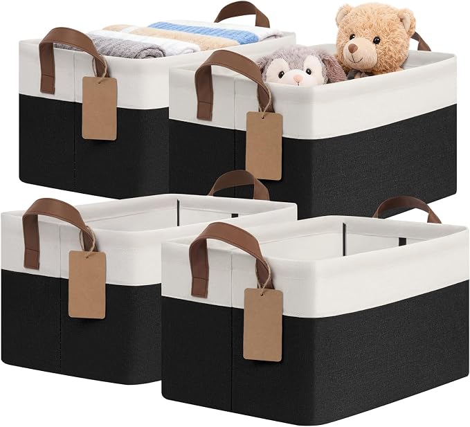 CHICVITA 4 Pack Foldable Closet Storage Baskets, Black & White | 14.8 × 10.3 × 8.3 in, Metal Frame, Leather Handles, Shelf Organization, Towels, Clothes, Linens & Toys Storage
