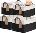 CHICVITA 4 Pack Foldable Closet Storage Baskets, Black & White | 14.8 × 10.3 × 8.3 in, Metal Frame, Leather Handles, Shelf Organization, Towels, Clothes, Linens & Toys Storage