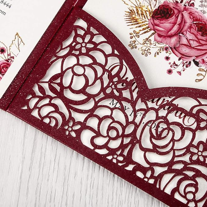 50PCS Customized Burgundy Quinceanera Invitations with Envelopes | 4.7x7 inch, Laser Cut, Invitation Cards for Miss XV, Sweet 16, 18th Birthday, Quince Invite,Quinceanera invitations, XV Anos