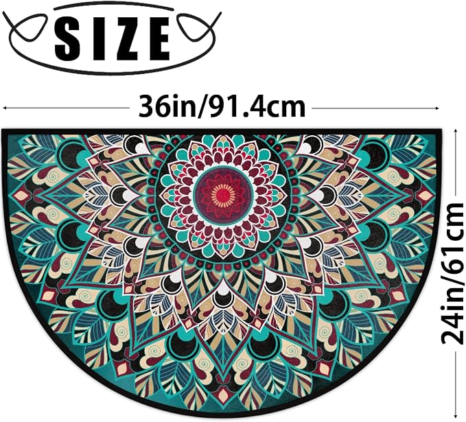 Mandala Half Round Doormat Non-Slip Semi Circle Rug Half Moon Mat | Turquoise Ethnic Flower Washable Soft Absorbent Indoor Outdoor Entrance Kitchen Bathroom Sink Welcome Fireplace Floor Rug