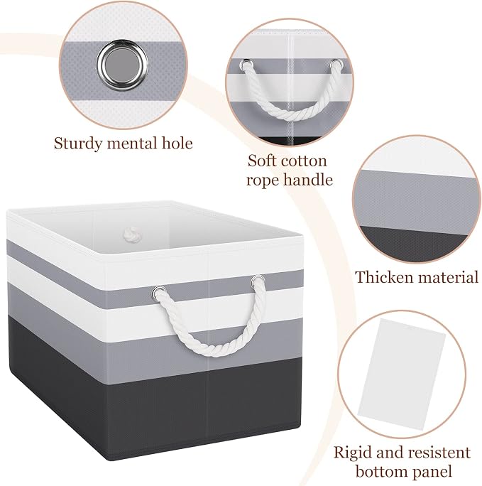 Fab totes Storage Bins 2-Pack, Foldable Storage Baskets for Organizing Toys, Books, Shelves, Closet, Large Storage Box with Rope Handles, Sturdy Organizer Bins,Gradient Grey